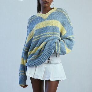 BDG V-Neck Sweater in Blue and Yellow Stripes